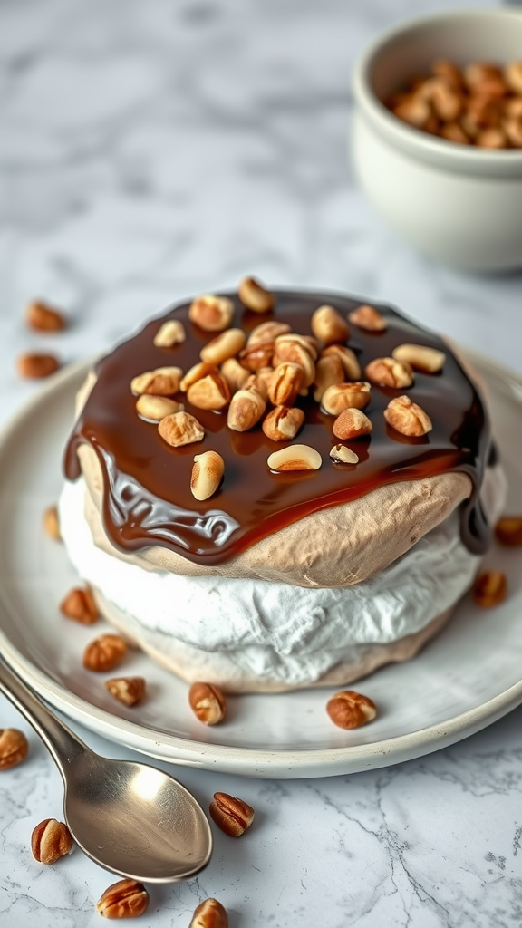 A delicious hazelnut praline meringue topped with chocolate and chopped hazelnuts, served on a plate.