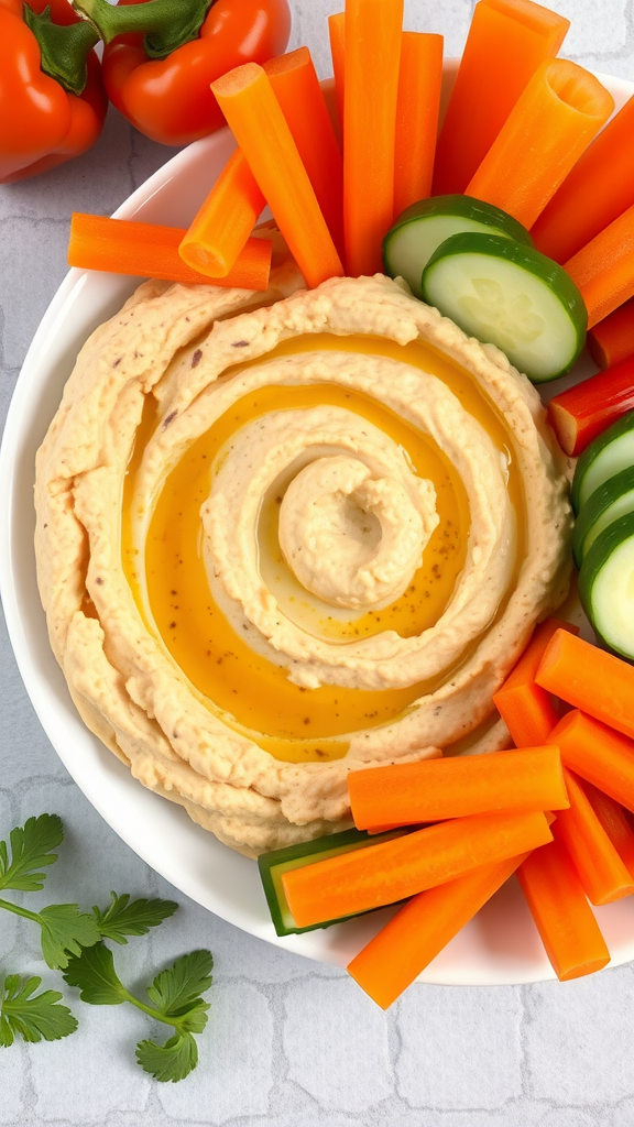 A vibrant hummus and veggie plate with sliced cucumbers, carrots, and bell peppers.