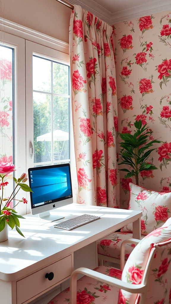 Bright floral patterned curtains and cushions in a cozy home office with a computer and plant.