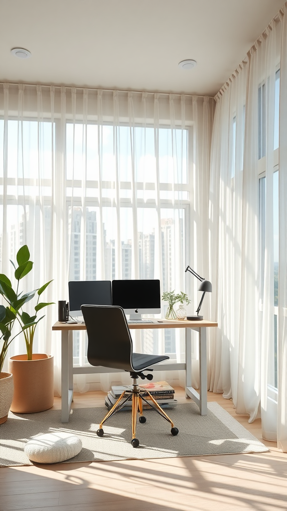 A bright home office with large windows, natural light, and a cozy setup.