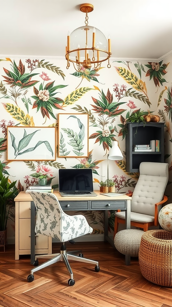 A cozy workspace featuring nature-inspired floral wallpaper, a desk with a laptop, and comfortable seating.