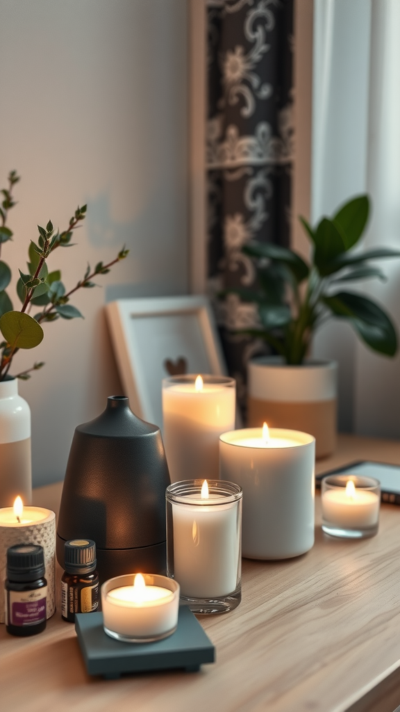 A cozy setup with candles and essential oils on a wooden table, surrounded by plants.