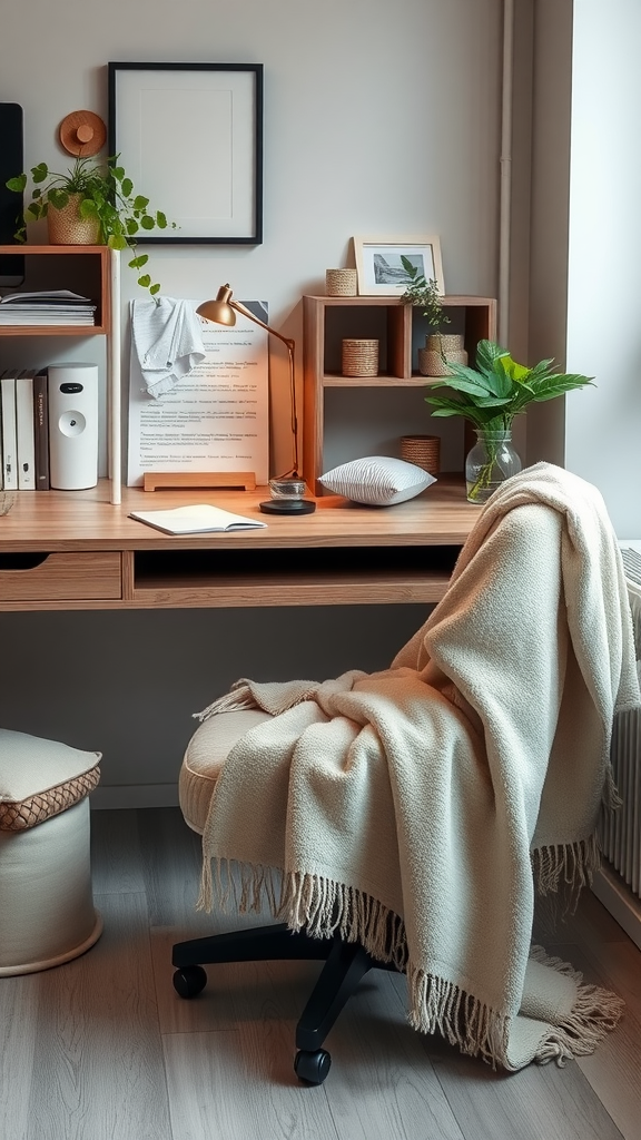 A cozy workspace featuring soft textiles like a blanket on a chair and decorative cushions.