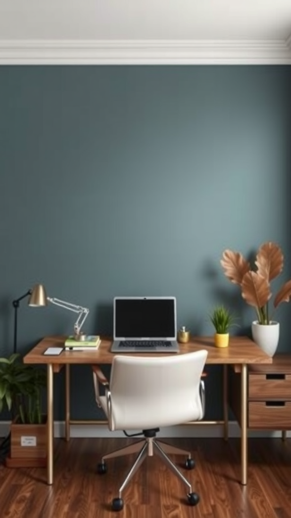 Modern office desk with teal wall and decorative plants