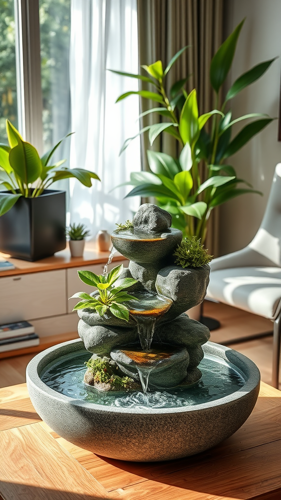 Indoor water fountain surrounded by green plants