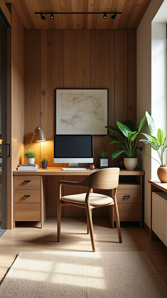 A cozy home office featuring wooden walls, a desk with a computer, plants, and a comfortable chair.