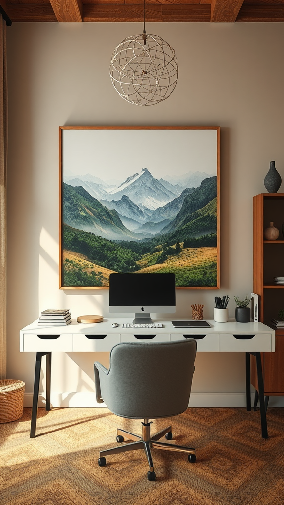 A stylish office with a mountain landscape painting, a computer, and a modern chair.