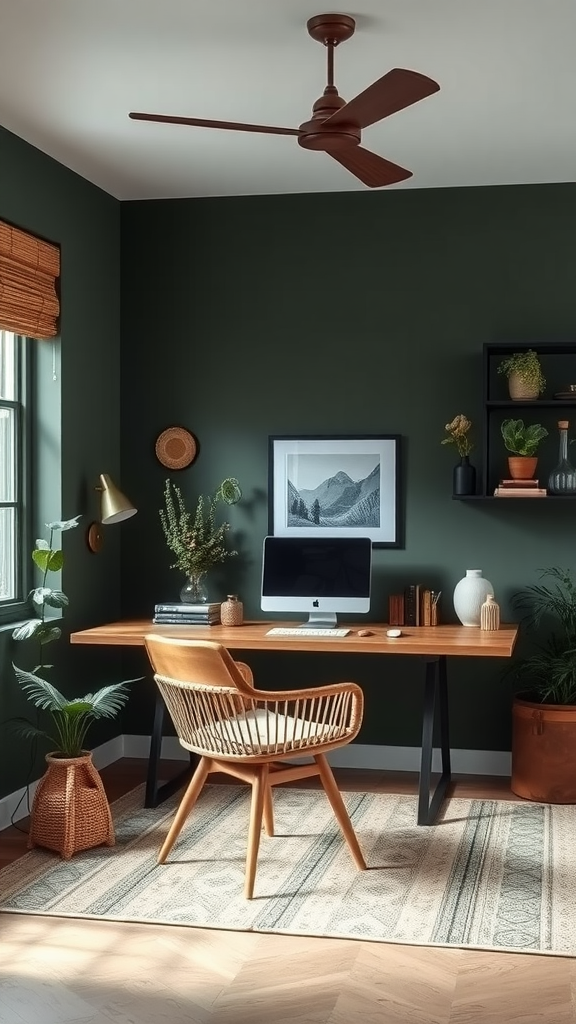 A cozy dark green home office featuring a wooden desk, a computer, and various plants.