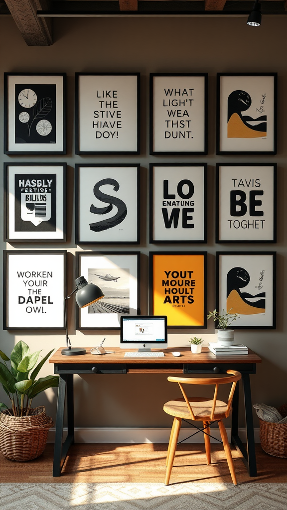 A collection of framed inspirational wall art in a home office setting.