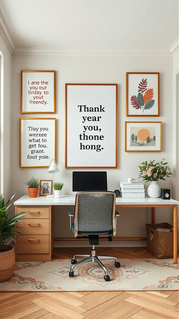 An inspiring home office wall featuring various framed art pieces with motivational quotes and plants.