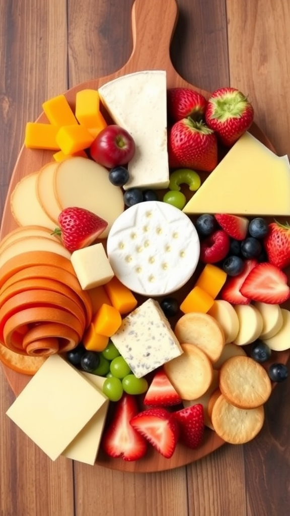 A colorful kid-friendly charcuterie board with fruits, cheeses, and snacks.