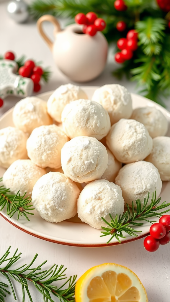 A plate of lemon snowball cookies dusted with powdered sugar, surrounded by holiday decorations.