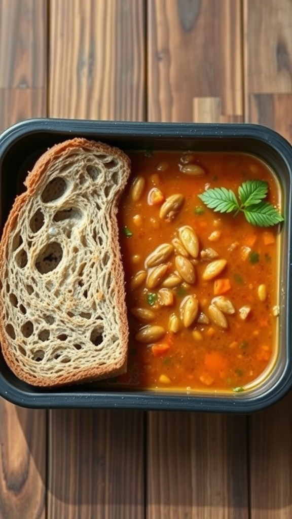 A bowl of lentil soup with whole wheat bread on the side.