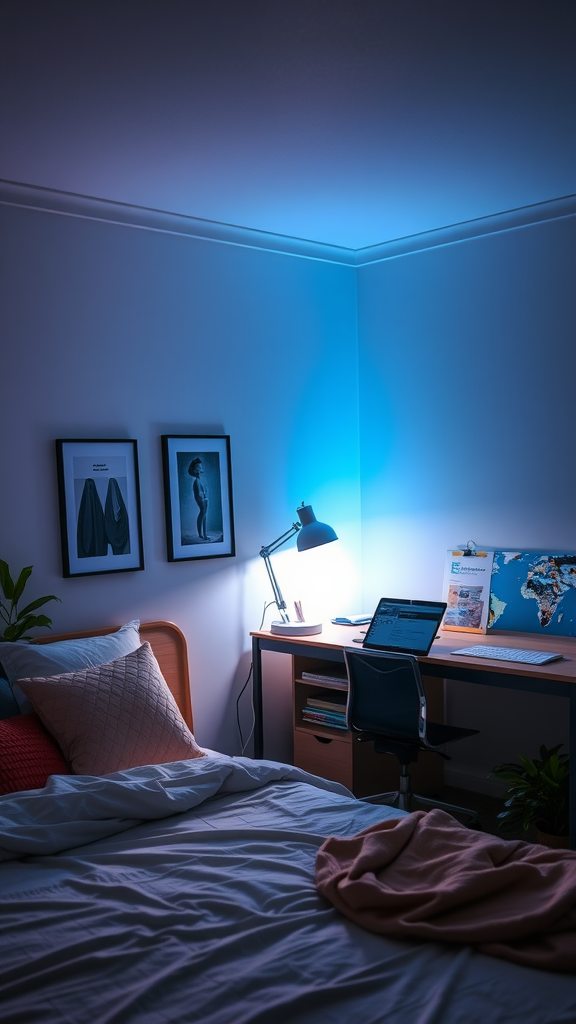 A dimly lit bedroom featuring a blue light, a desk with a laptop, and artwork on the walls.