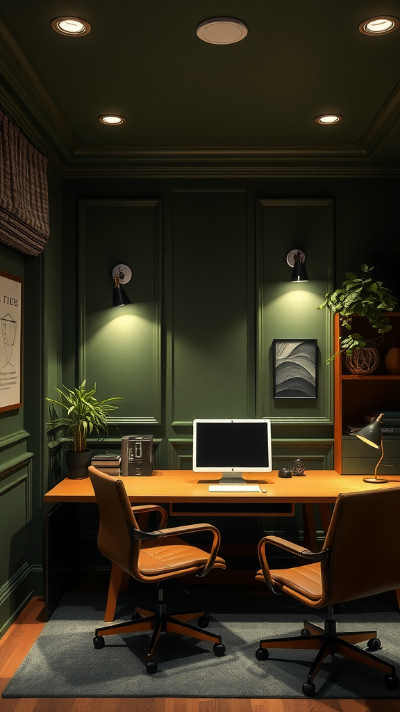 A well-lit dark green home office featuring a wooden desk, two chairs, and stylish lighting.