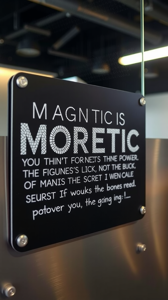 A close-up of a sign with playful text related to magnetic poetry.