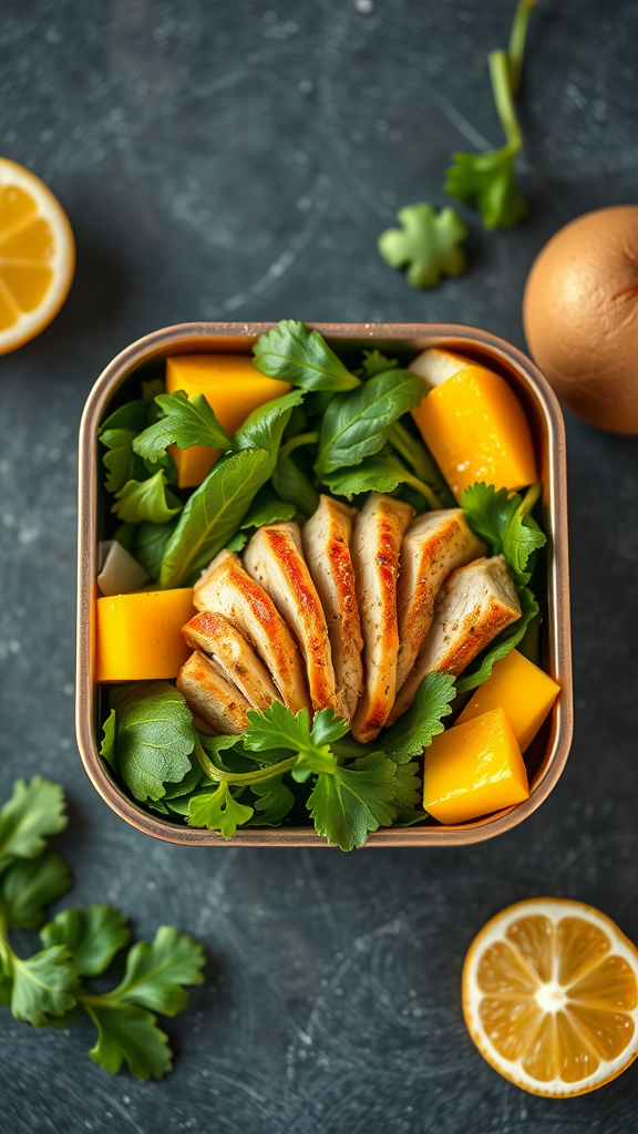 A colorful Mango Chicken Salad with sliced grilled chicken, mango chunks, and fresh greens, garnished with lemon.