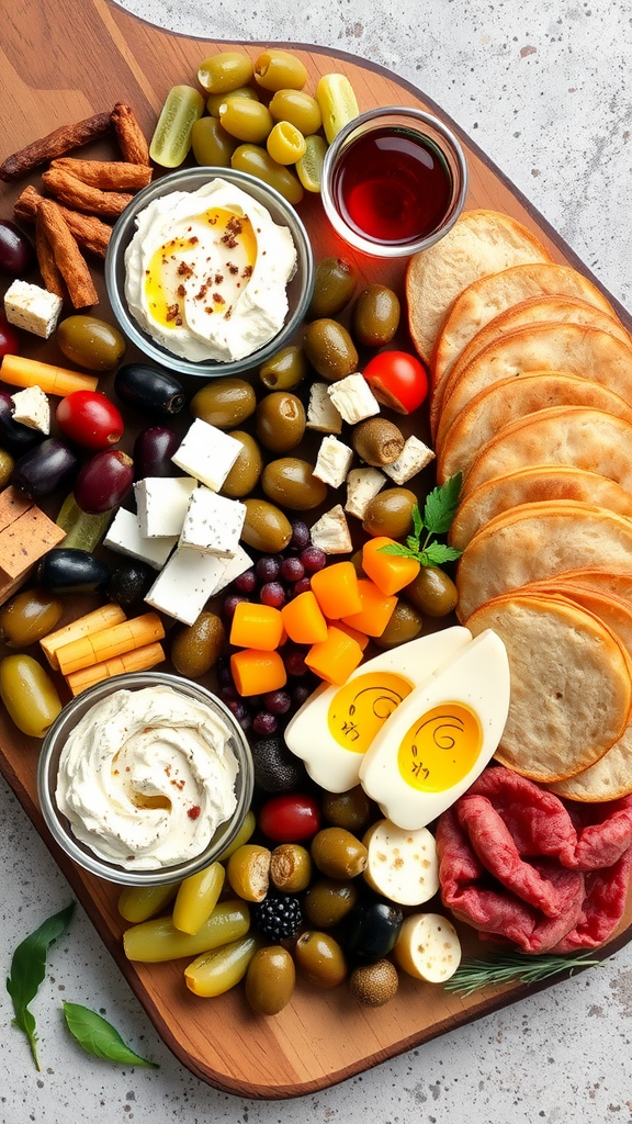 A colorful Mediterranean charcuterie board featuring olives, meats, cheeses, and pita.