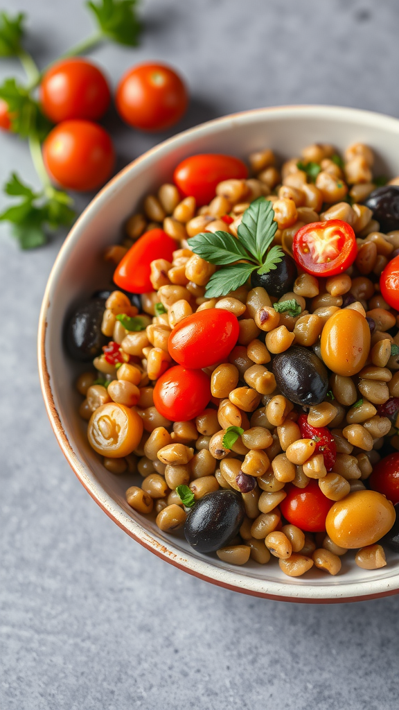 A bowl of Mediterranean lentil salad with cherry tomatoes and olives.