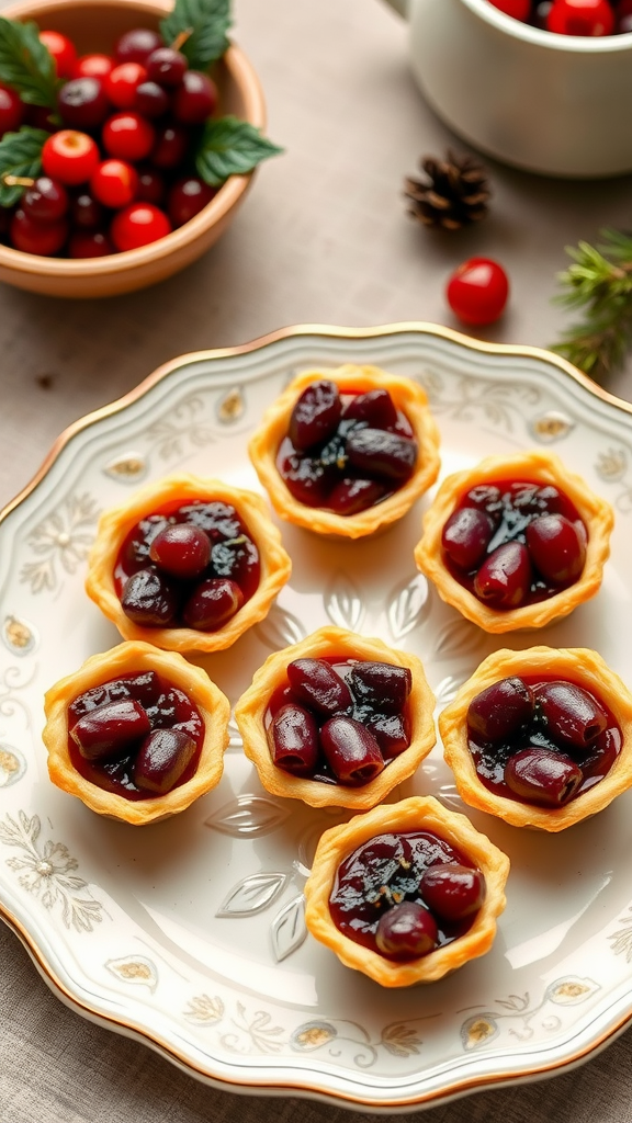 A platter of mincemeat tartlets filled with a dark, glossy filling, surrounded by fresh cranberries.