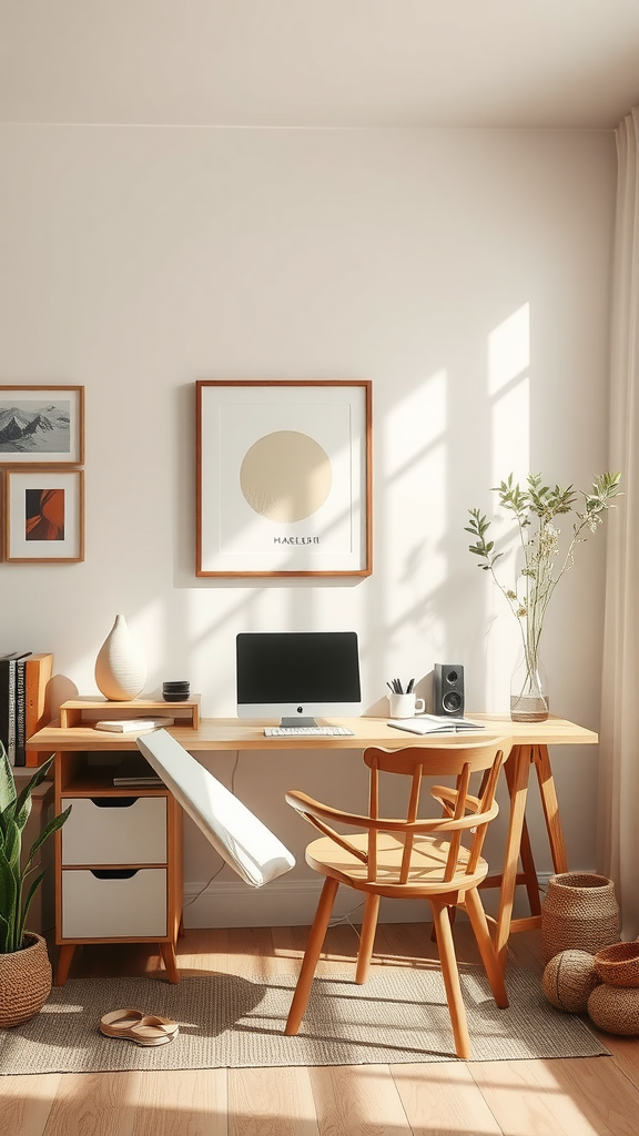 A bright and minimalistic workspace featuring a wooden desk, computer, and decorative plants.