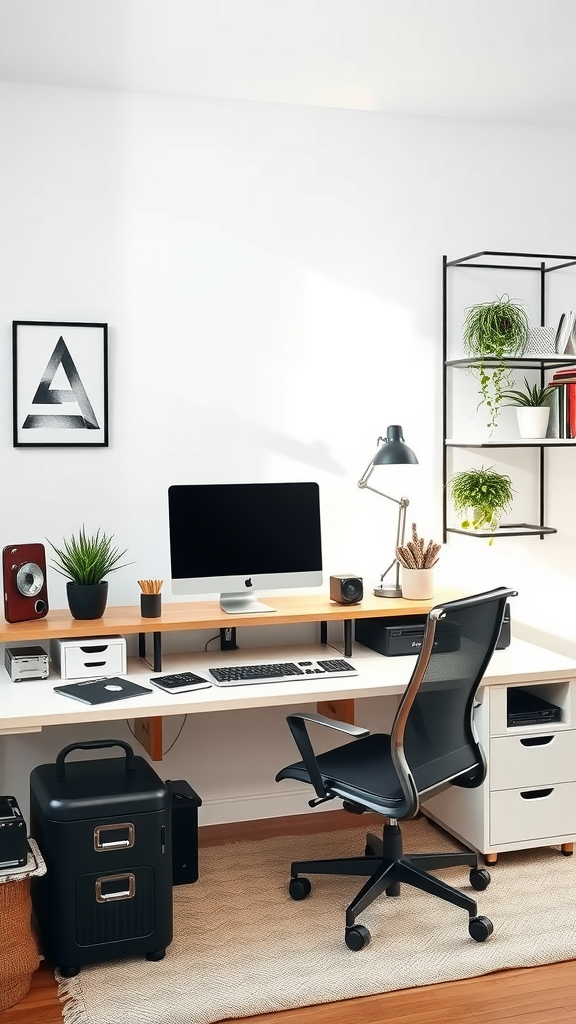 A clean and organized workspace with a computer, plants, and modern furniture.