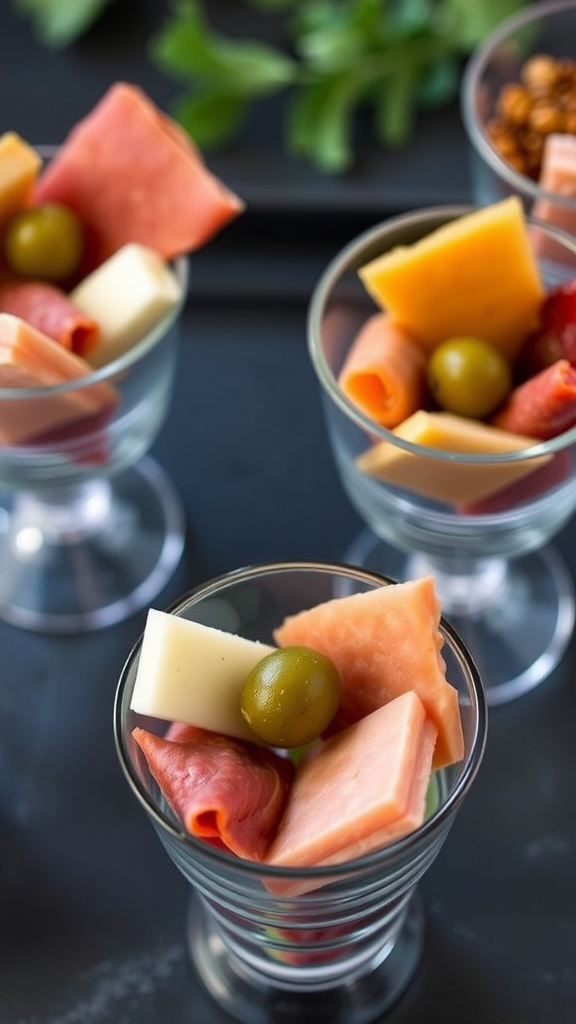 Mini charcuterie cups filled with meats, cheeses, and olives.