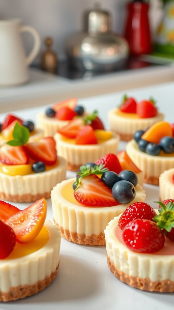 A close-up view of mini cheesecake bites topped with fresh fruits, arranged beautifully on a countertop.