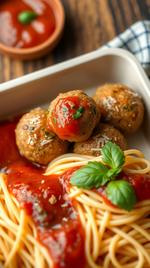 A plate of spaghetti topped with mini meatballs and marinara sauce, garnished with fresh basil.