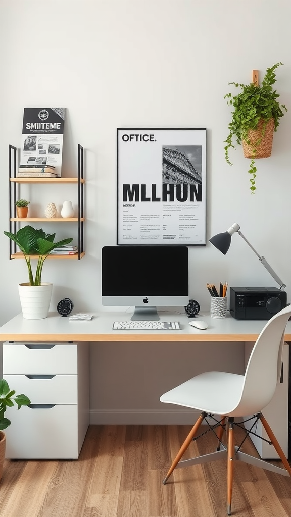 A minimalist home office setup featuring a sleek desk, computer, and plants.