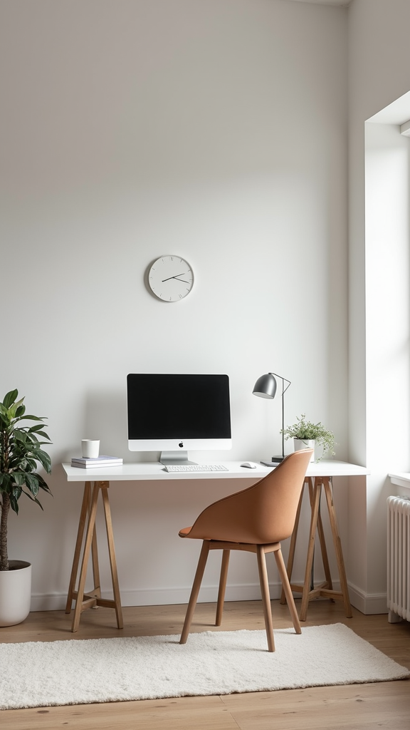 A minimalist home office featuring a desk with a computer, a chair, and decorative plants in a bright space.