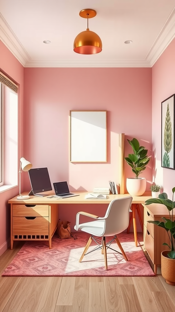 A cozy home office with pink walls, wooden furniture, and a bright atmosphere.