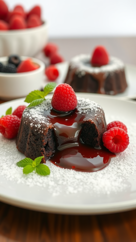 Delicious molten lava cakes with raspberry sauce, garnished with fresh raspberries and mint on a white plate.