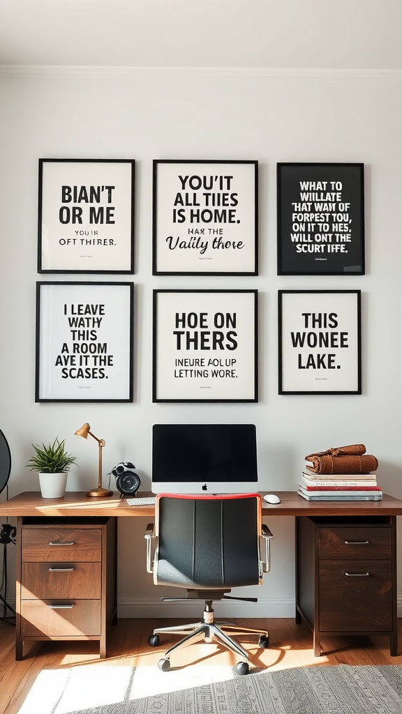 A display of motivational quotes framed on a wall above a desk.