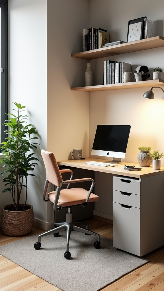 A classy small feminine home office with a modern desk, ergonomic chair, and decorative shelving.