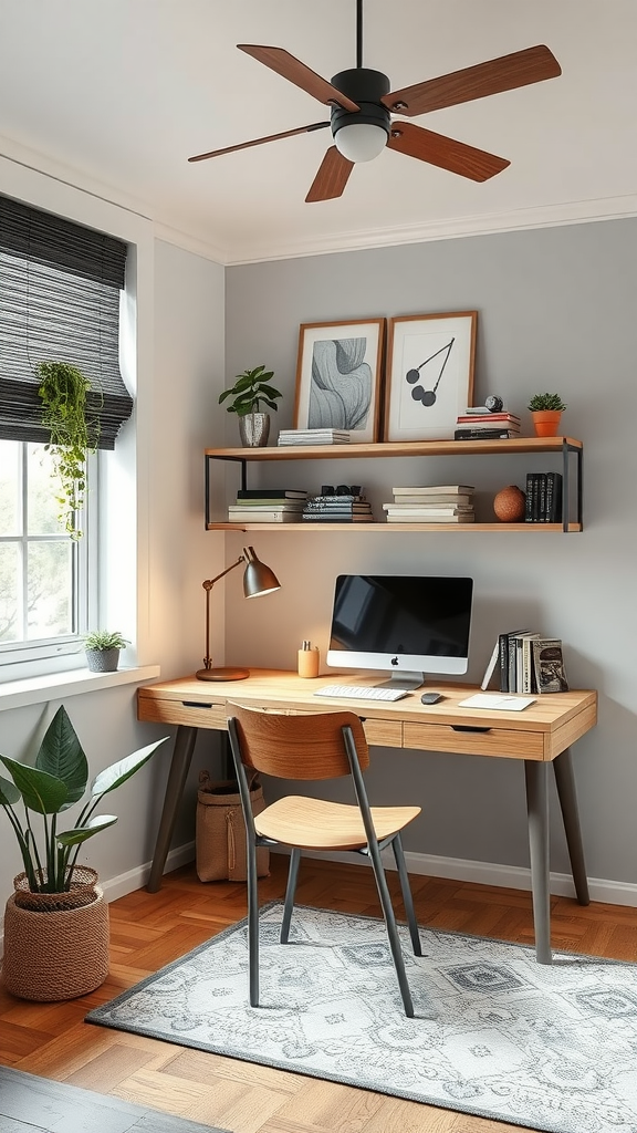 A stylish and organized workspace featuring a wooden desk, computer, and plants.