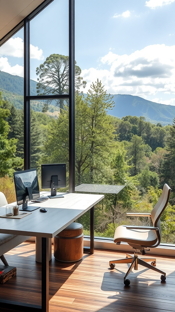 A bright office space with a view of mountains and trees through large windows.