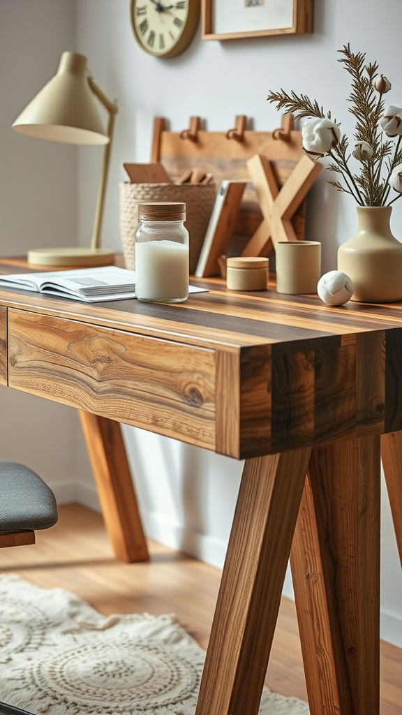 A beautifully arranged workspace featuring a wooden desk with natural material accents.