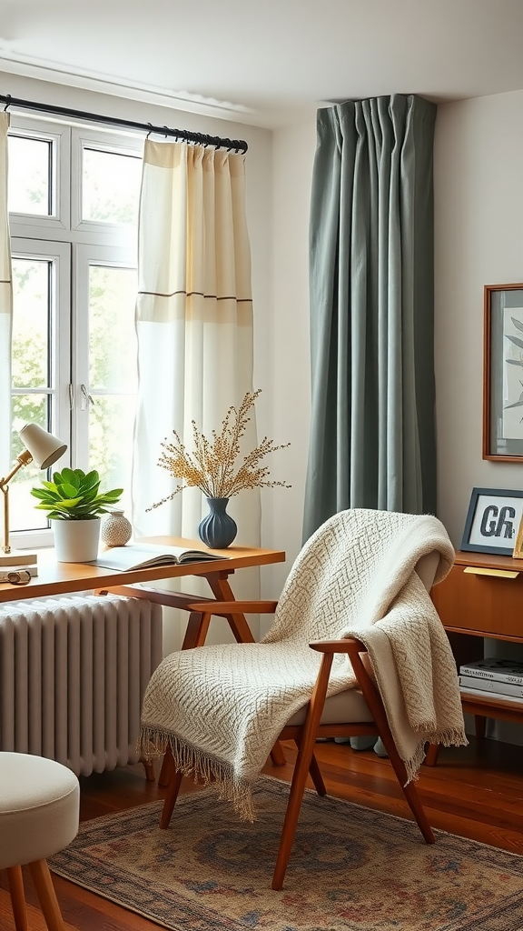 A cozy sitting area featuring a chair with a soft throw blanket, a desk with a plant, and warm curtains.