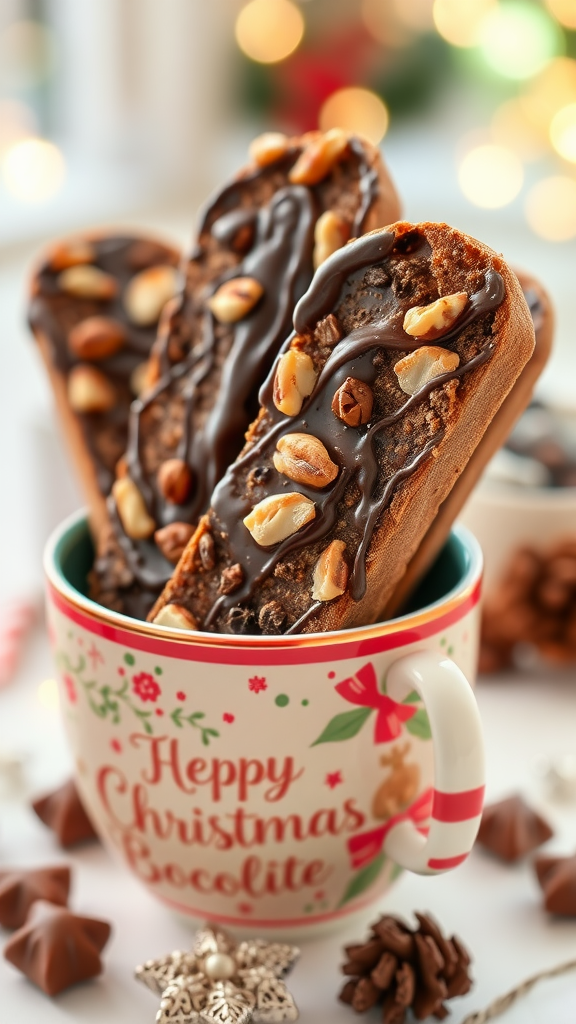 Nutty chocolate biscotti in a festive mug