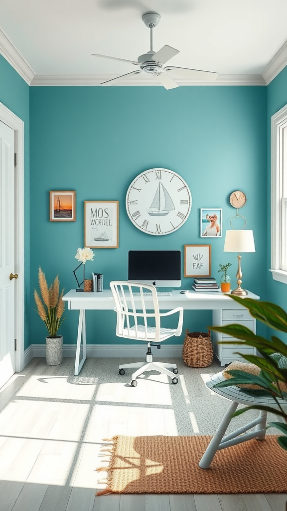 A bright and calming workspace with a turquoise wall, white furniture, and nautical decor.