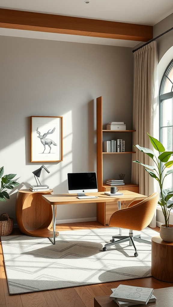 A modern home office featuring furniture with organic shapes, including a curved chair and a rounded side table.