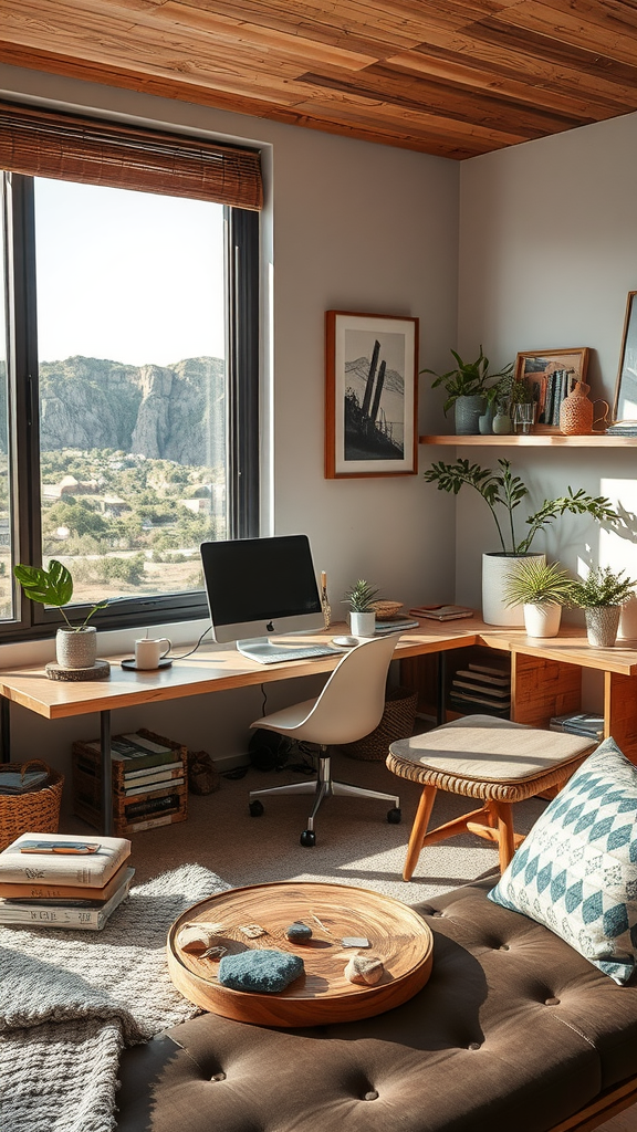 A cozy workspace featuring wooden furniture, plants, and natural decor elements, with a view of the outdoors.