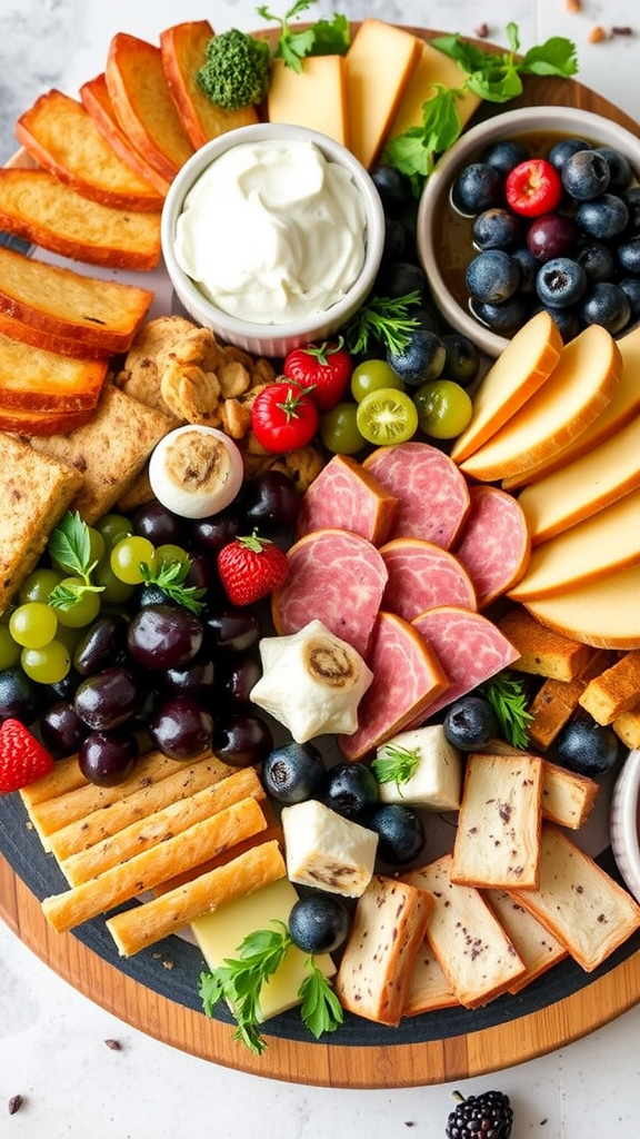 A colorful charcuterie board featuring cheeses, meats, fruits, and a creamy dip.