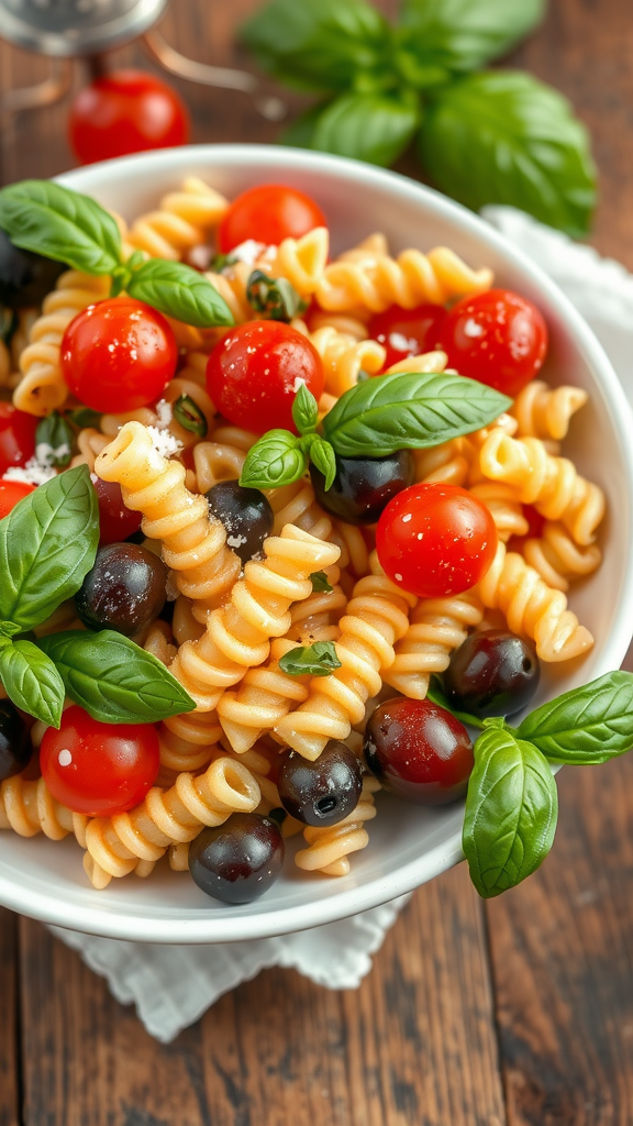 A bowl of pasta salad featuring cherry tomatoes and fresh basil.