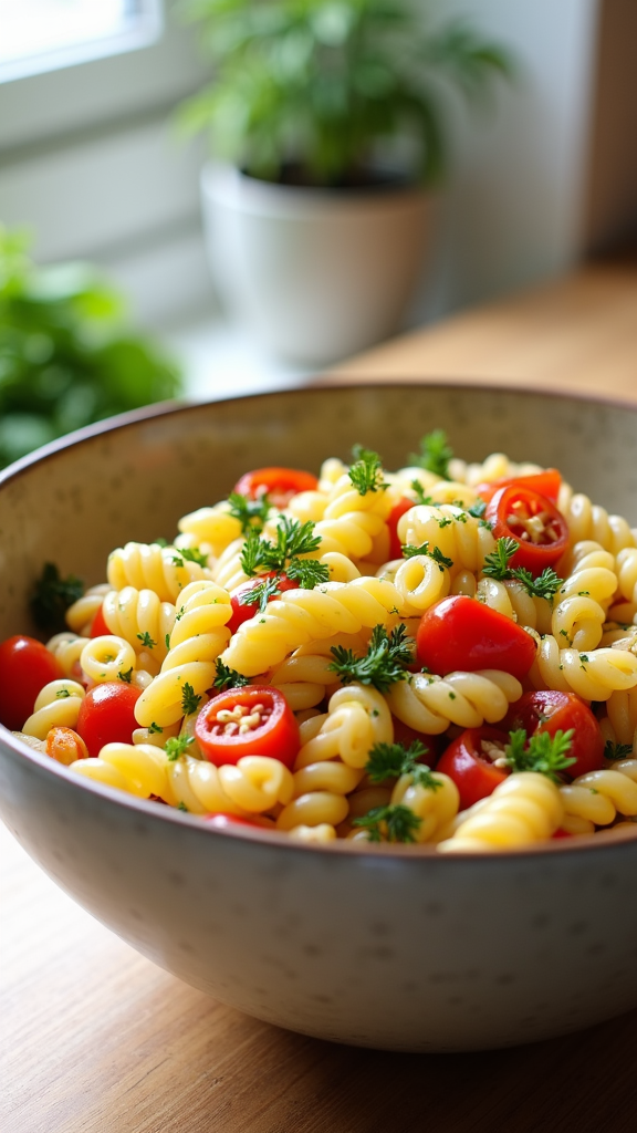 A bowl of pasta salad with cherry tomatoes and fresh herbs