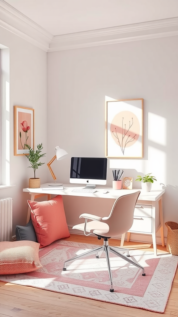 Cozy home office with pastel pink decor, a desk, and decorative elements.