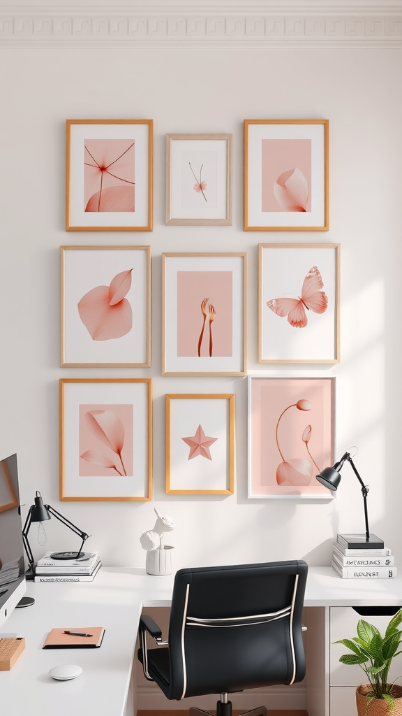 A collection of pastel pink framed wall art arranged on a white wall above a desk with a black chair.