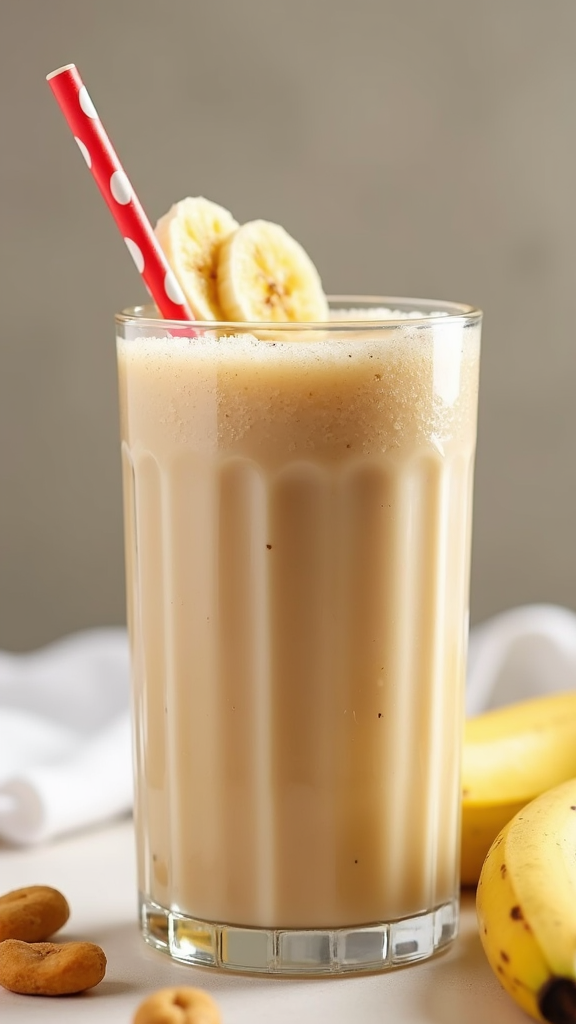 A creamy peanut butter banana smoothie in a clear glass, topped with banana slices and a red polka dot straw.