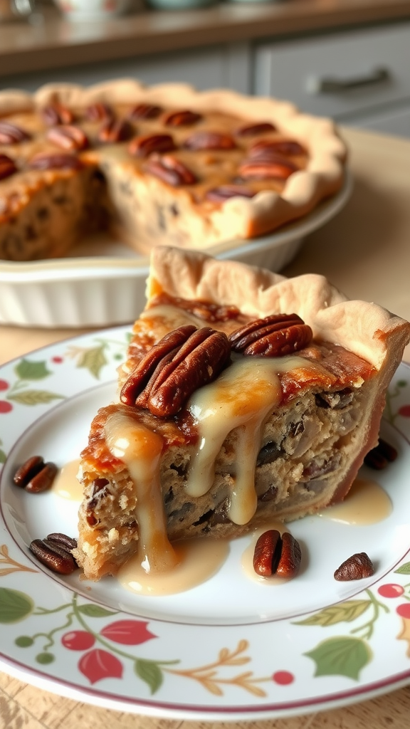 A slice of pecan pie with maple glaze on a decorative plate, with the whole pie in the background.